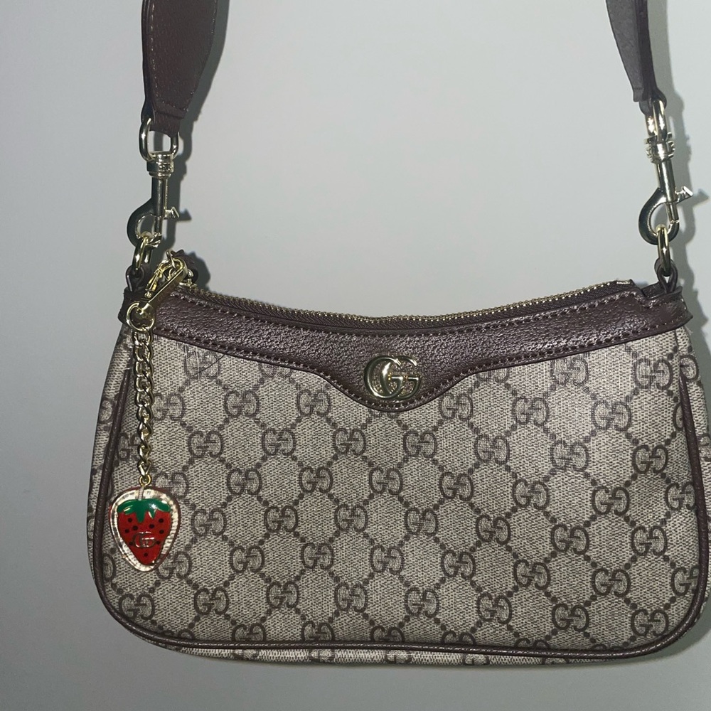 Gucci Beige and Brown GG Shoulder Bag with Strawberry Charm